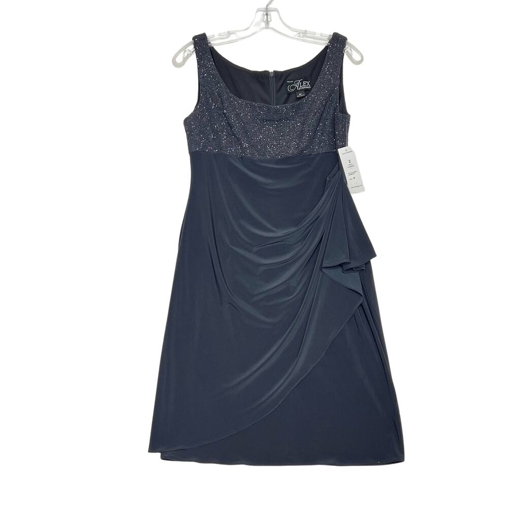Alex Evenings Sleeveless Sparkle Side Ruched Dress Gunmetal Gray Womens 8 PETITE
